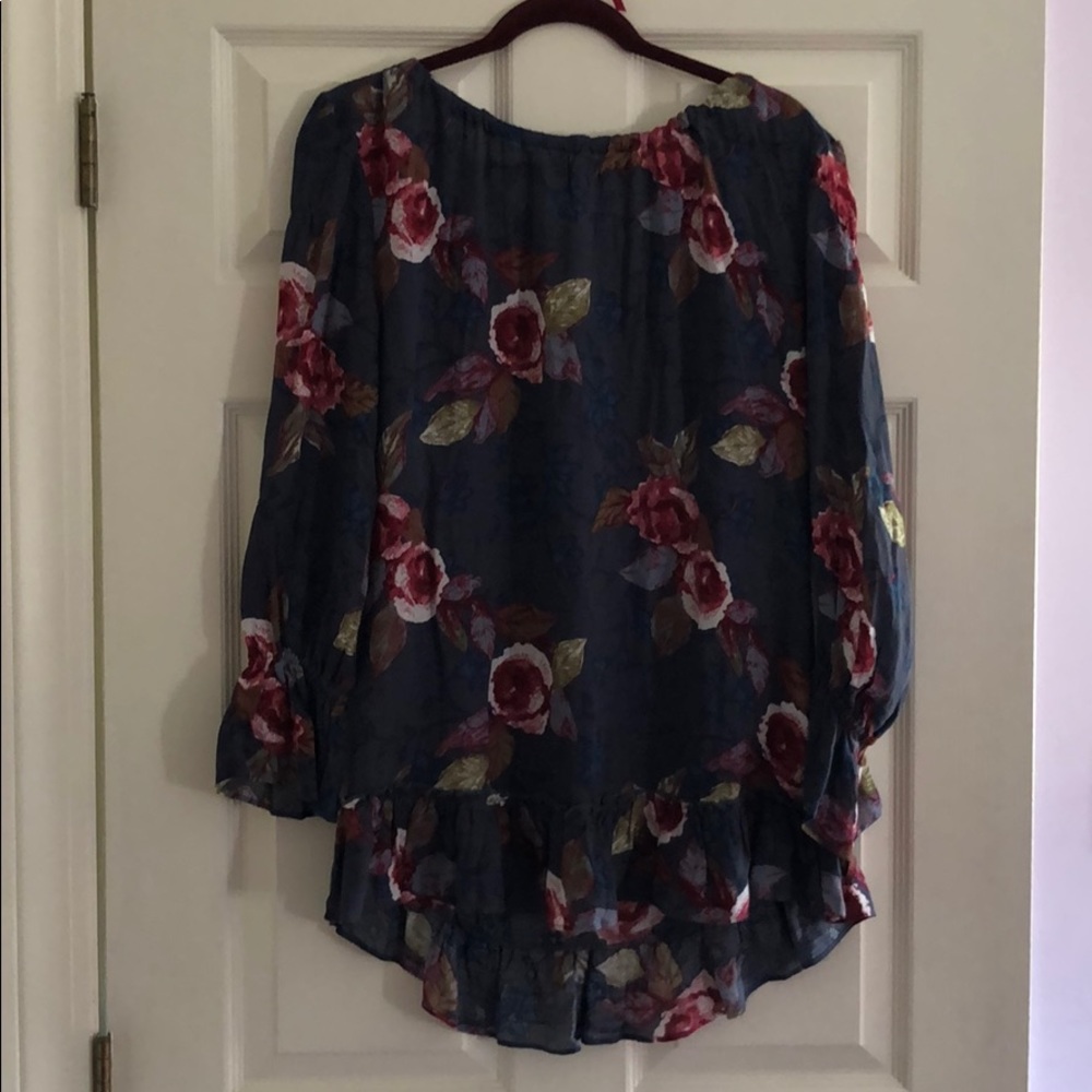 Fall Floral grey/blue, hi-low, tunic top by hinge.